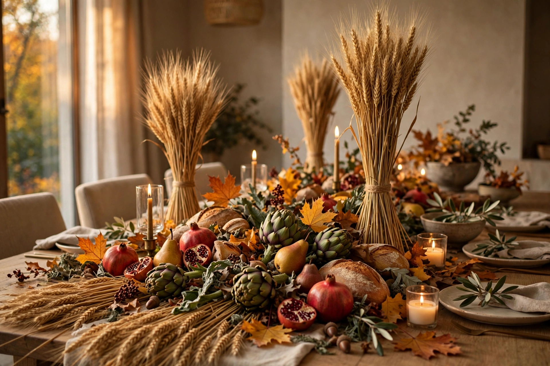 Full harvest abundance display with wheat sheaves, artichokes, pomegranates and bread down the table