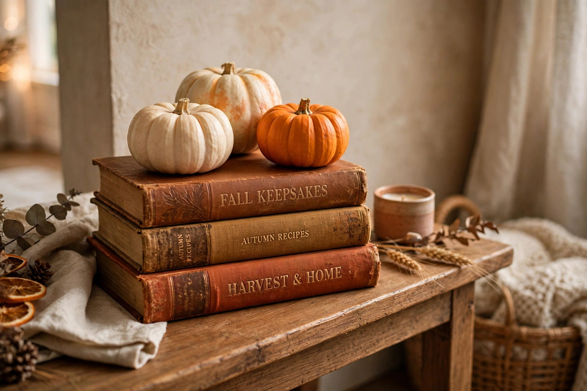 Mini pumpkins in orange and cream stacked on vintage hardcover books
