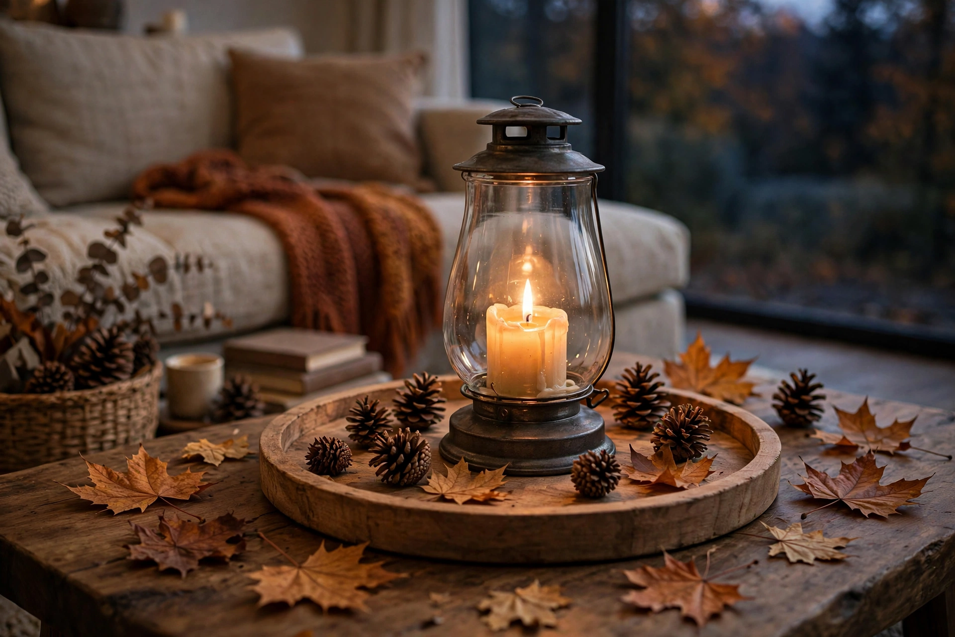 Glass hurricane lantern with a pillar candle surrounded by pinecones on a round wooden tray
