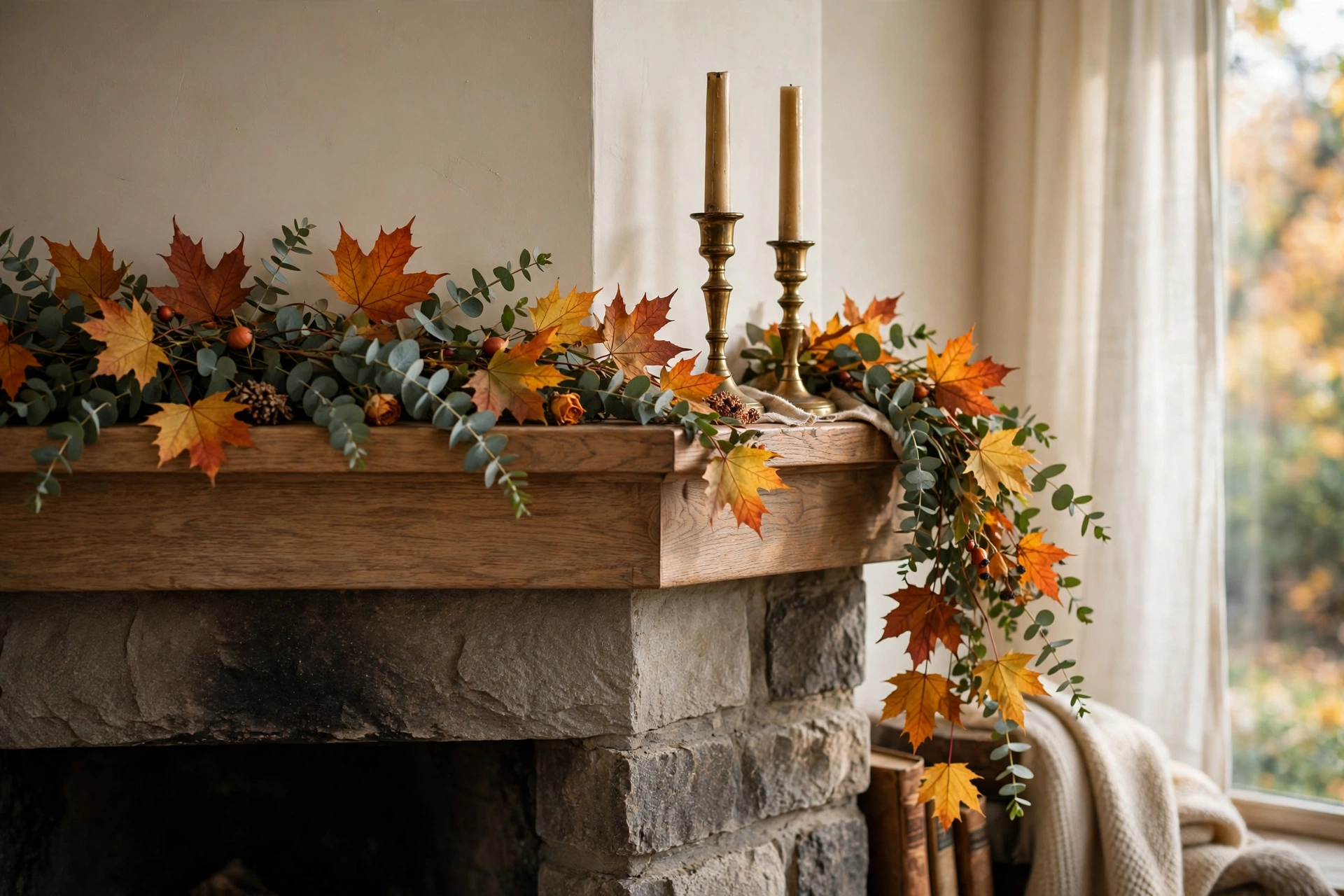 Eucalyptus and maple-leaf garland draped over a mantel corner with brass taper candles