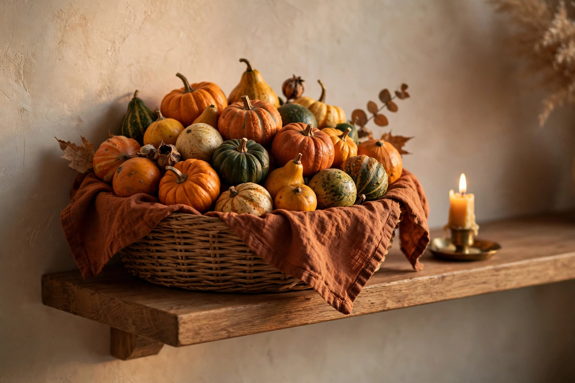 Woven basket overflowing with mini gourds and tiny pumpkins on a floating shelf