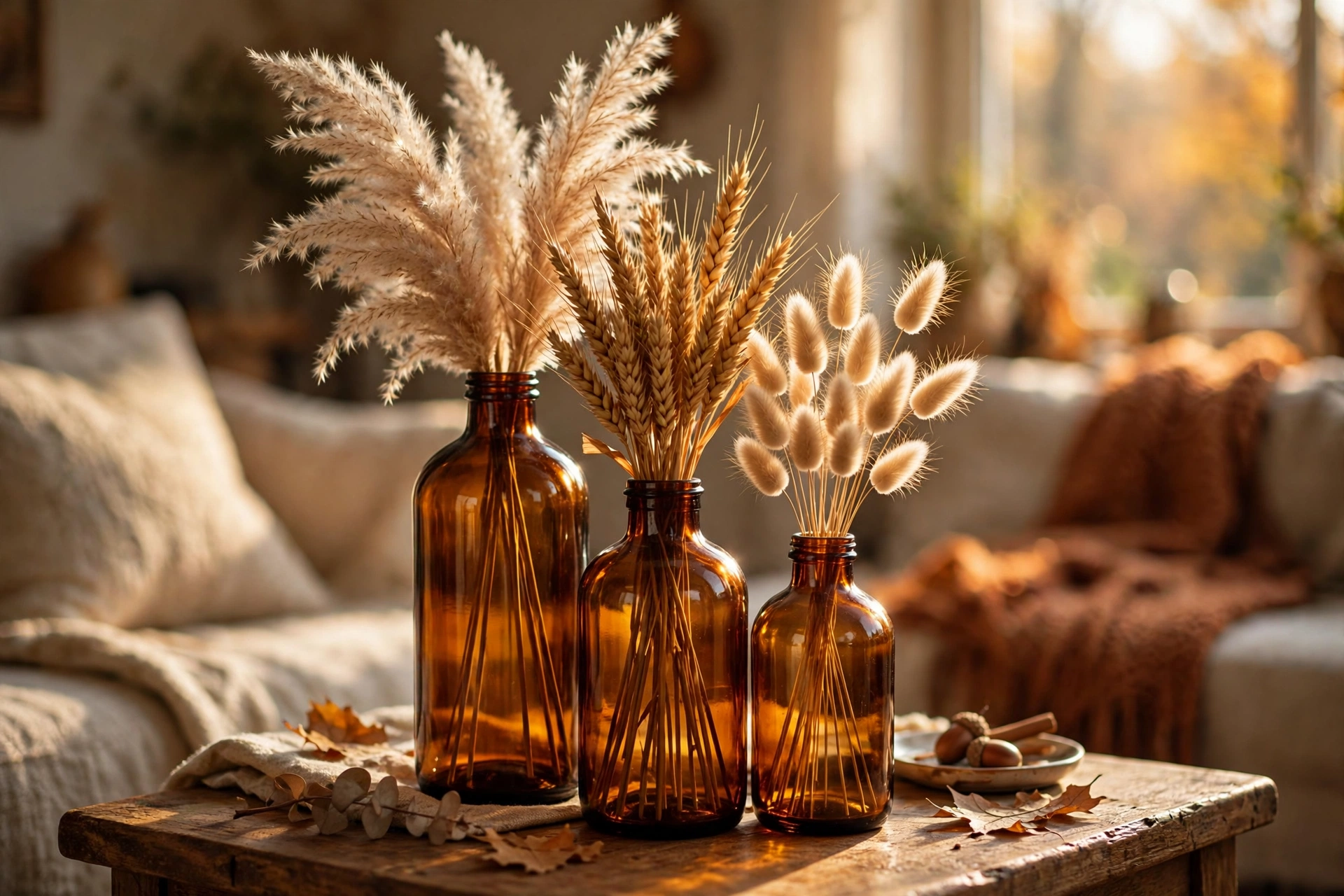 Three amber glass bottles of different heights holding dried wheat and pampas grass stems