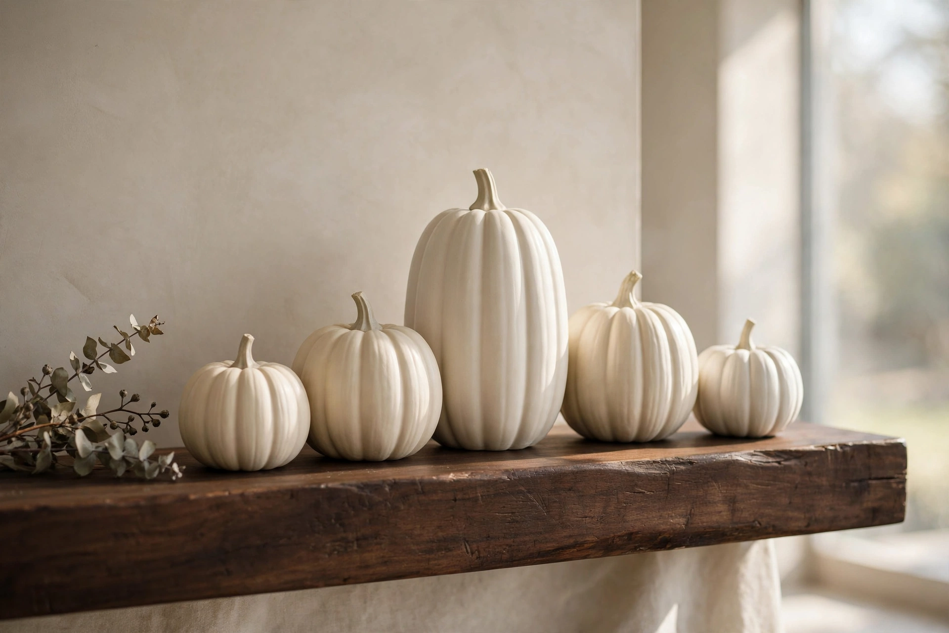 Cream and white ceramic pumpkins of varying heights lined up along a dark mantel
