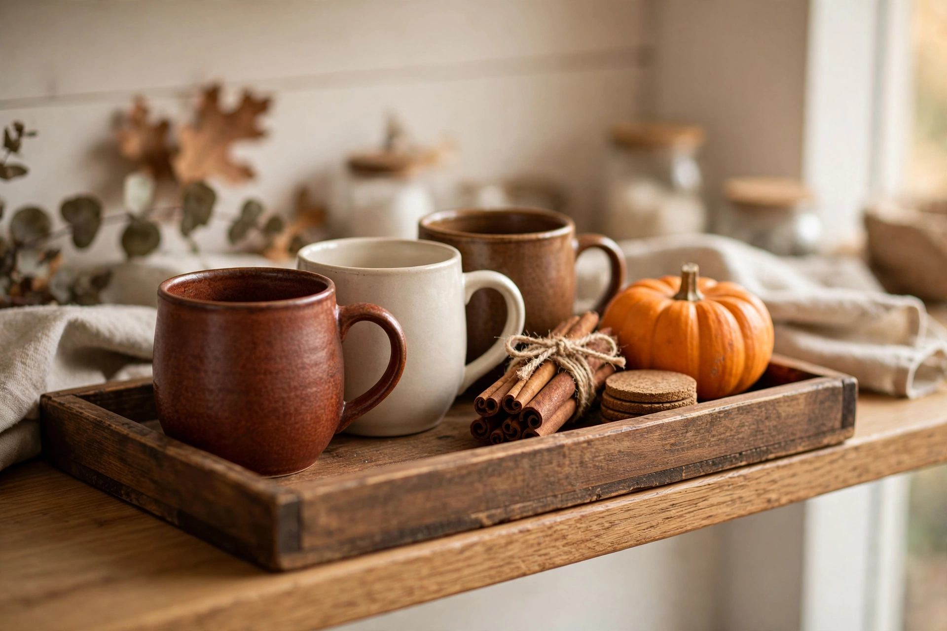 Wooden tray with cozy fall mugs, cinnamon sticks tied with twine, and a small pumpkin