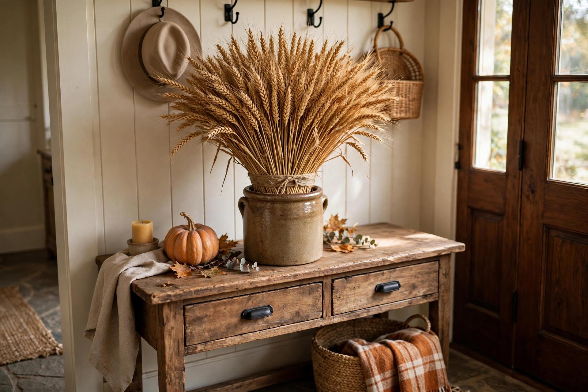 Dried wheat bundle tied with twine arranged in a rustic stoneware crock