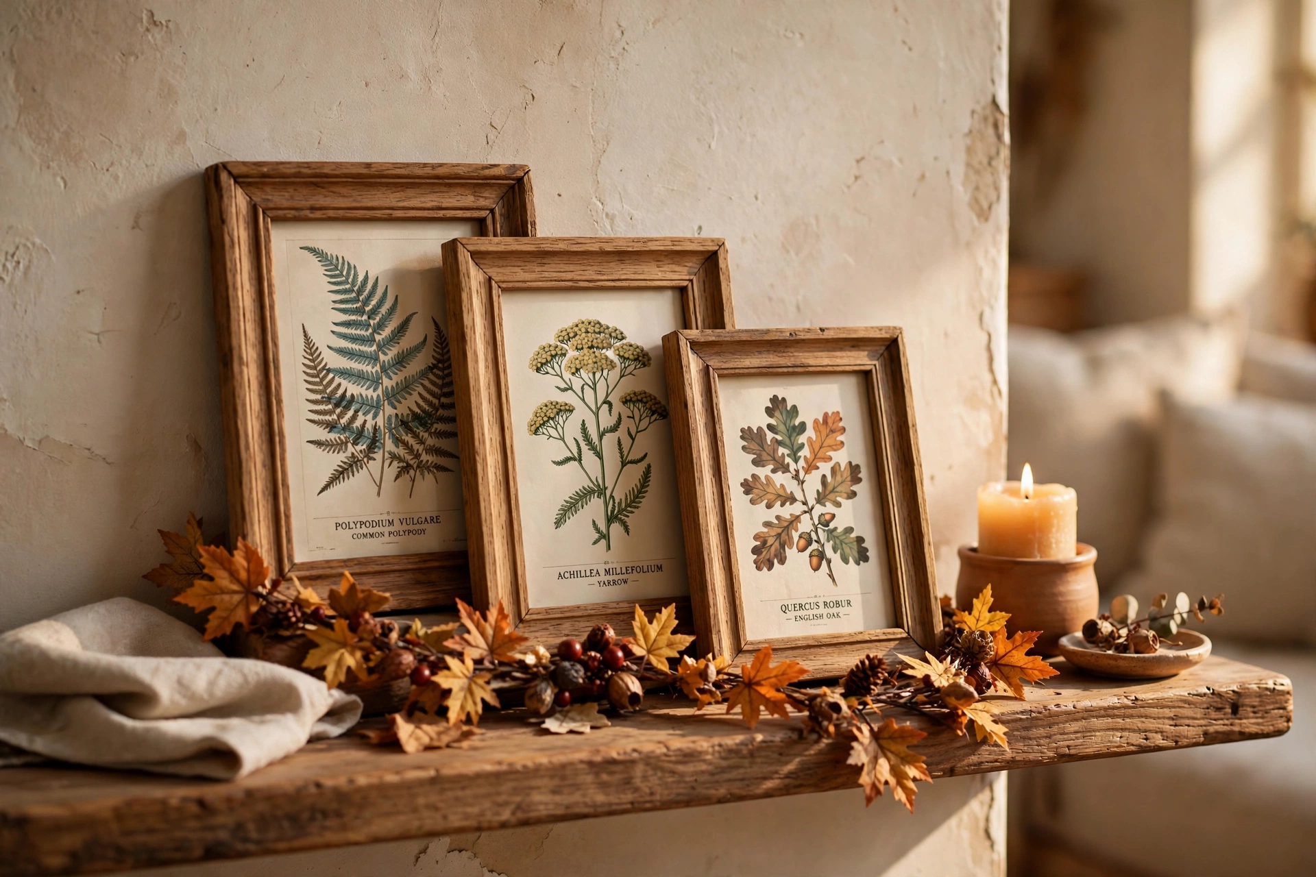 Layered small framed prints with a short faux-leaf garland draped across their bases