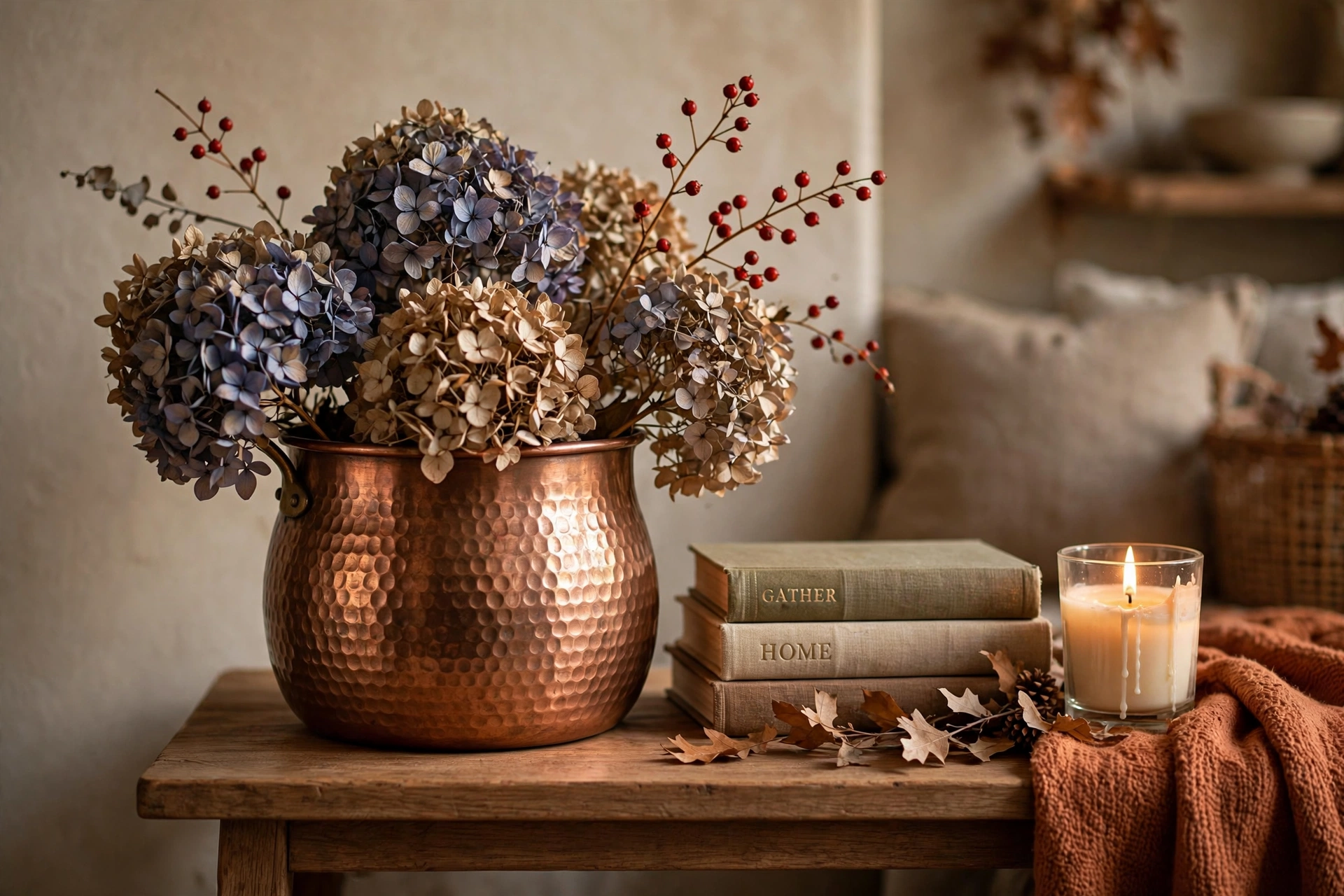 Hammered copper pot filled with dried hydrangea heads and berry stems