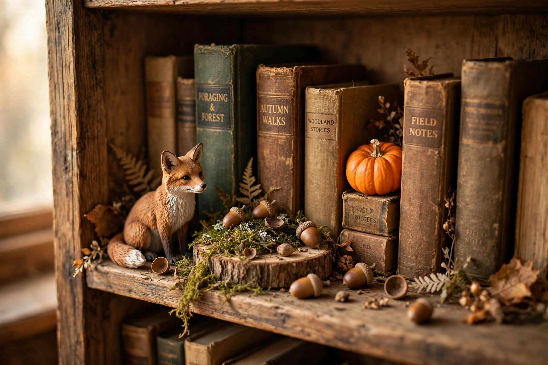 Tiny woodland scene with a fox figurine, faux moss, acorns, and a mini pumpkin on a bookshelf