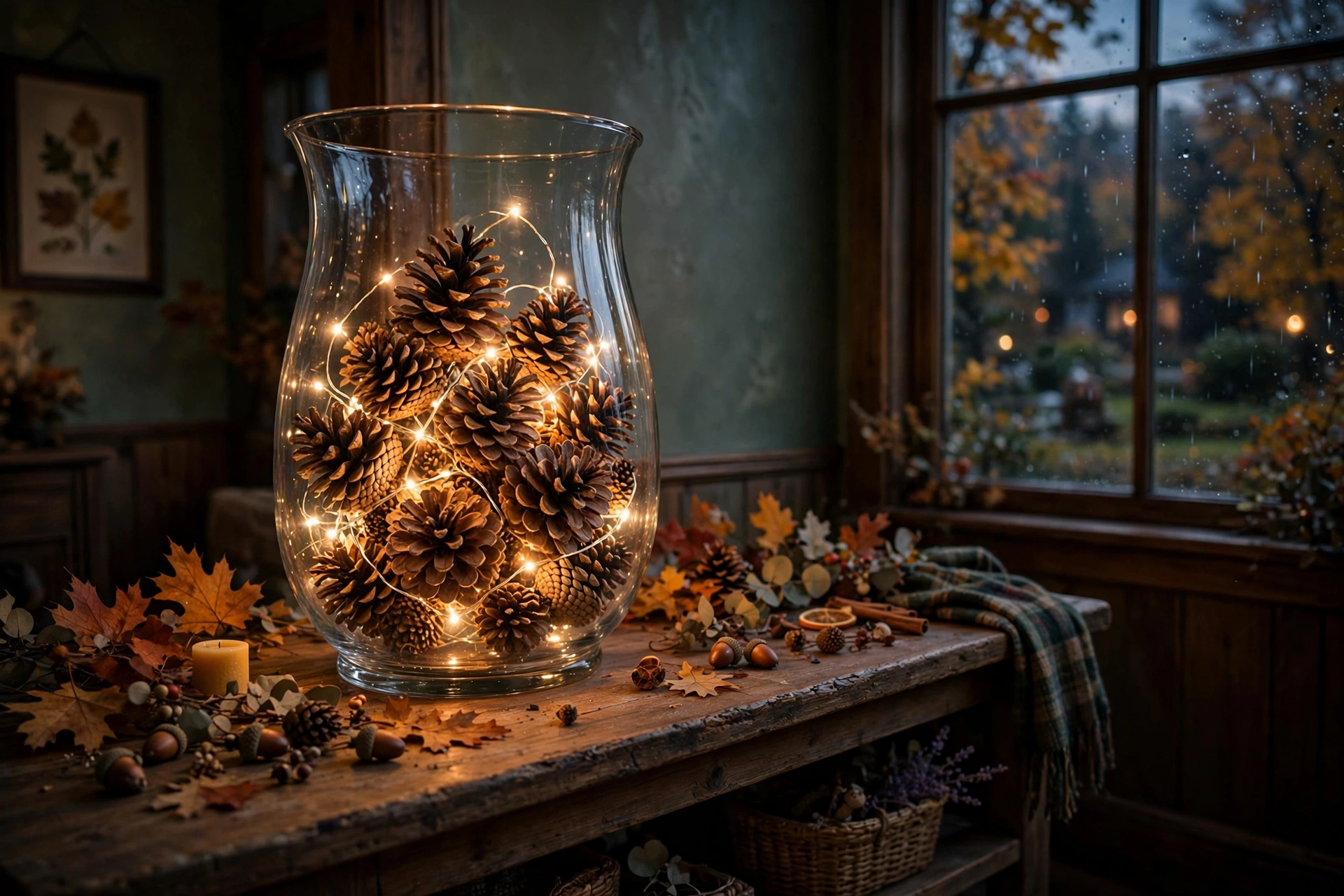 Large glass hurricane vase filled with pinecones woven with warm-white fairy lights