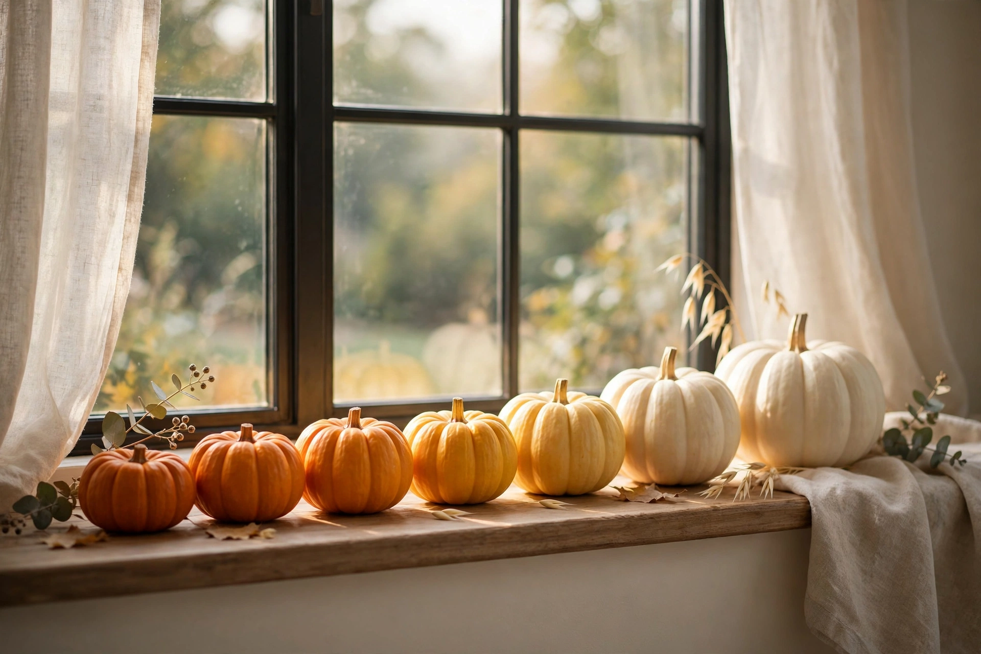 Mini pumpkins in ombre shades from deep orange to creamy white lined up on a window sill