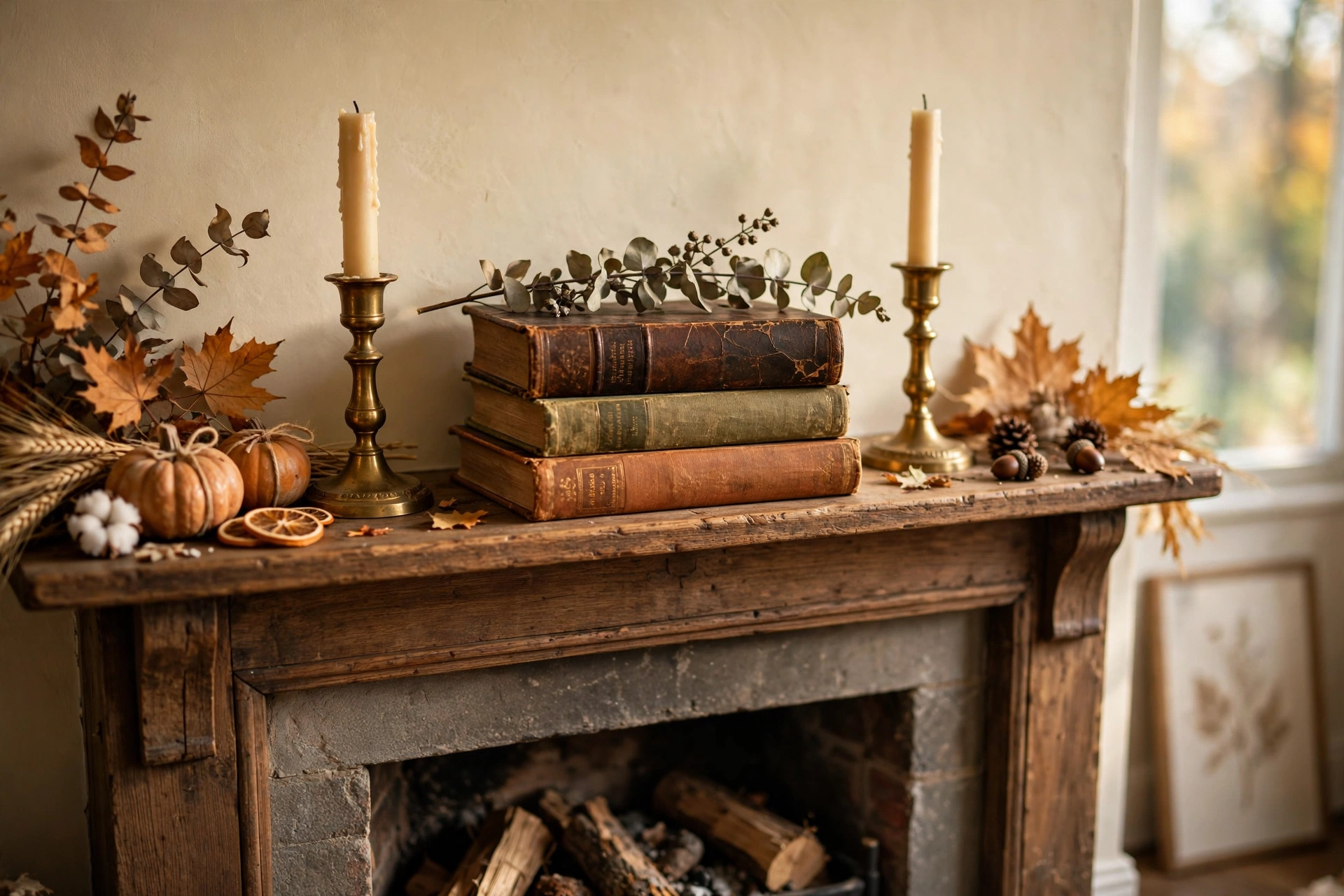 Stack of vintage books flanked by two brass candlesticks with cream taper candles