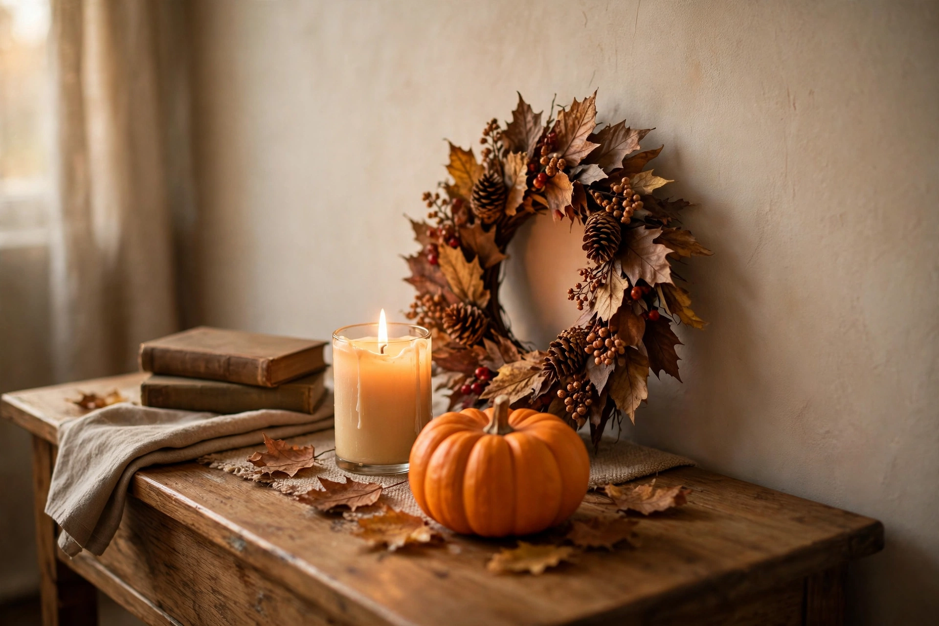 Small fall wreath of dried leaves and berries leaning against a wall behind a pillar candle and pumpkin