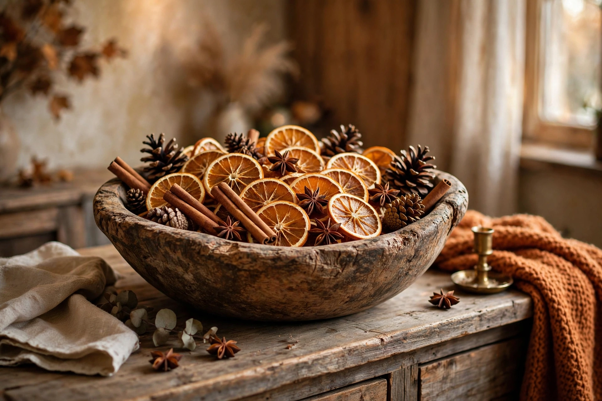 Rustic wooden dough bowl filled with dried orange slices, cinnamon sticks, star anise, and pinecones