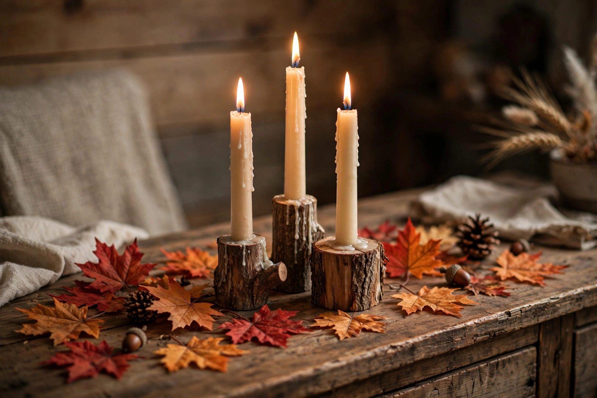 Three taper candles in rustic wooden holders surrounded by scattered faux maple leaves