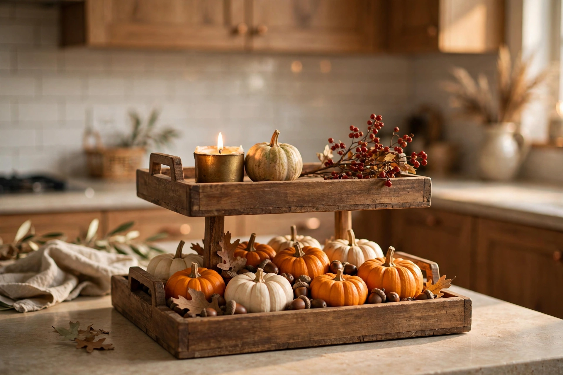Two-tiered tray with mini pumpkins and acorns on the bottom tier and a candle, gourd, and dried berries on top