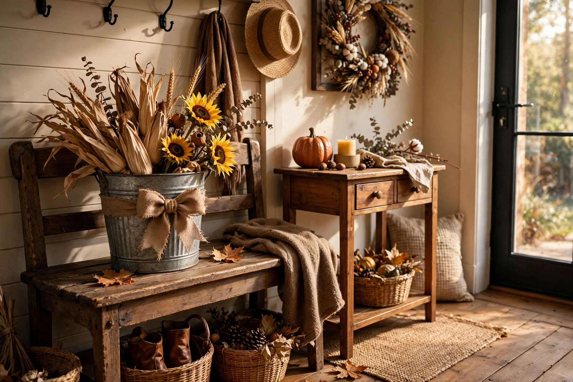 Dried corn husks and faux sunflowers arranged in a galvanized metal bucket