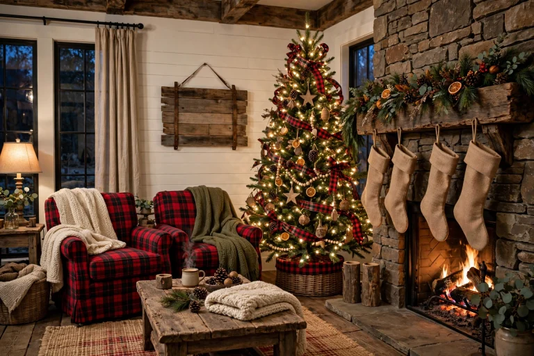 Warm farmhouse Christmas living room with rustic decor, plaid textiles and glowing tree