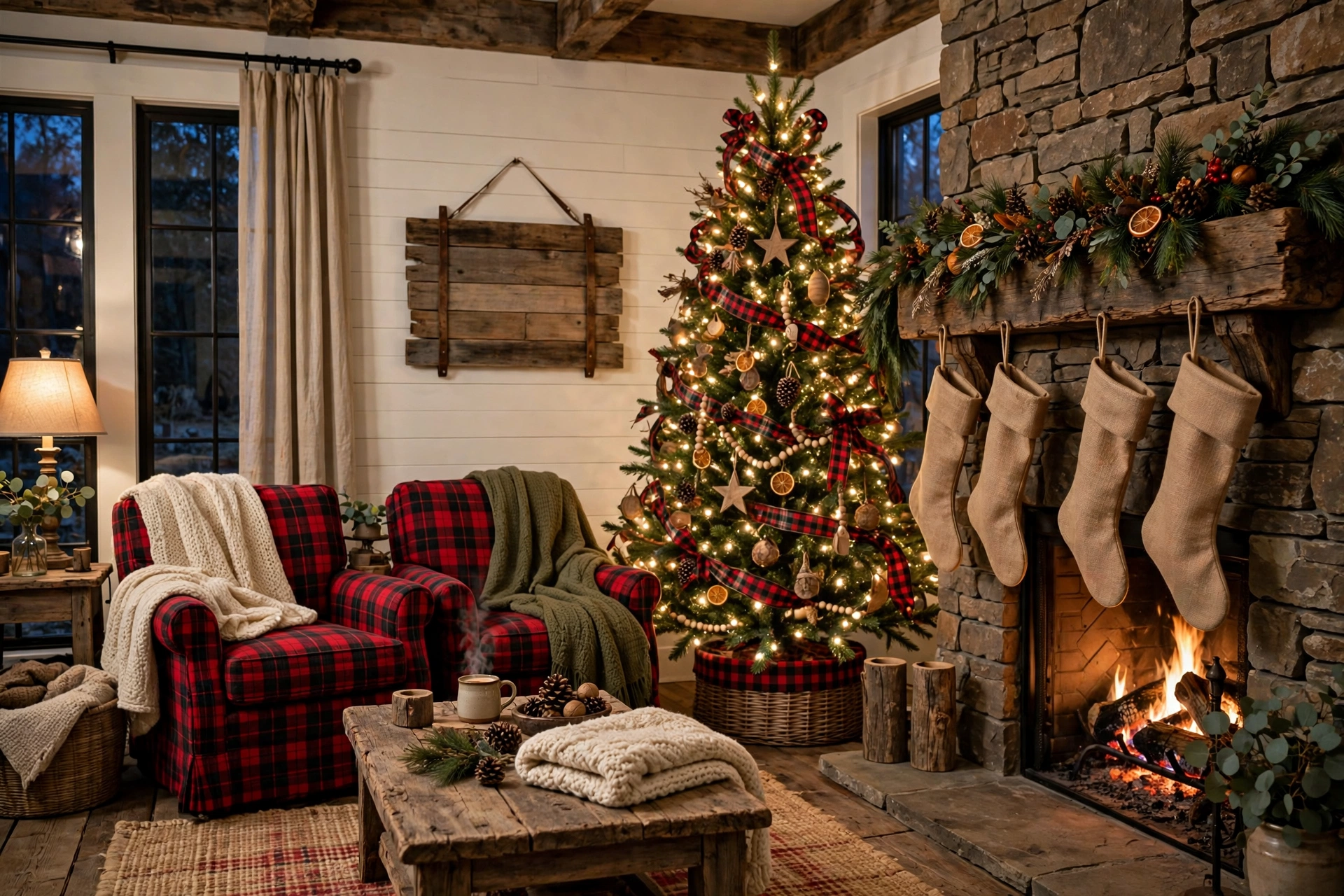 Warm farmhouse Christmas living room with rustic decor, plaid textiles and glowing tree