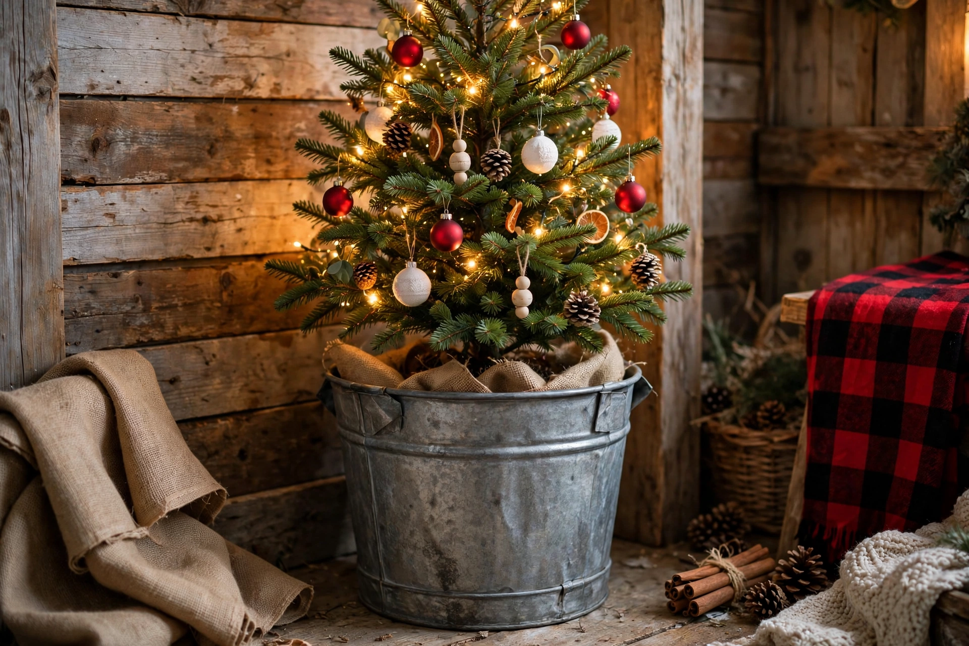 Galvanized bucket Christmas tree with burlap tree skirt