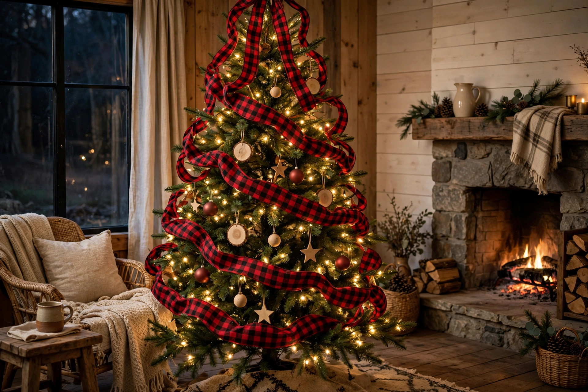Plaid ribbon garland woven through a Christmas tree