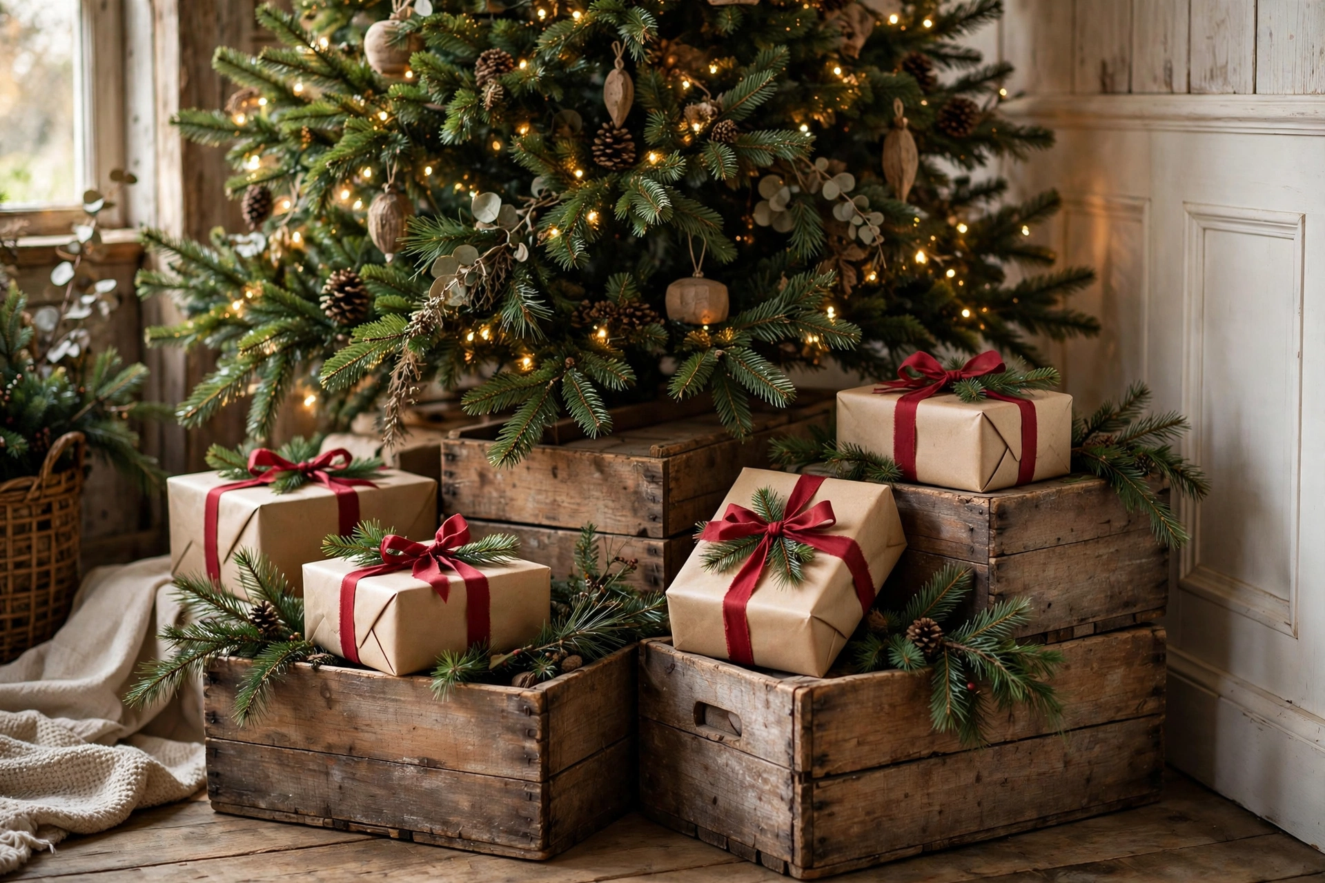 Wooden crates stacked with kraft-paper wrapped gifts