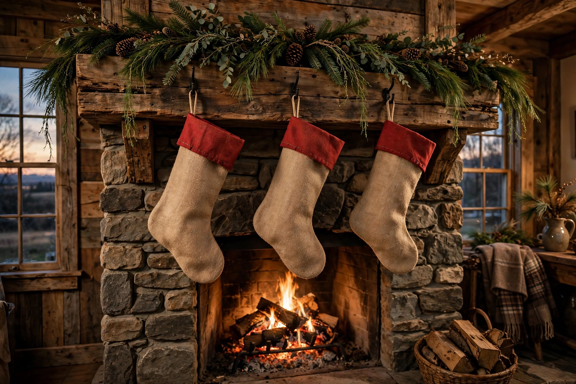 Burlap stockings with stenciled names hanging on a mantel