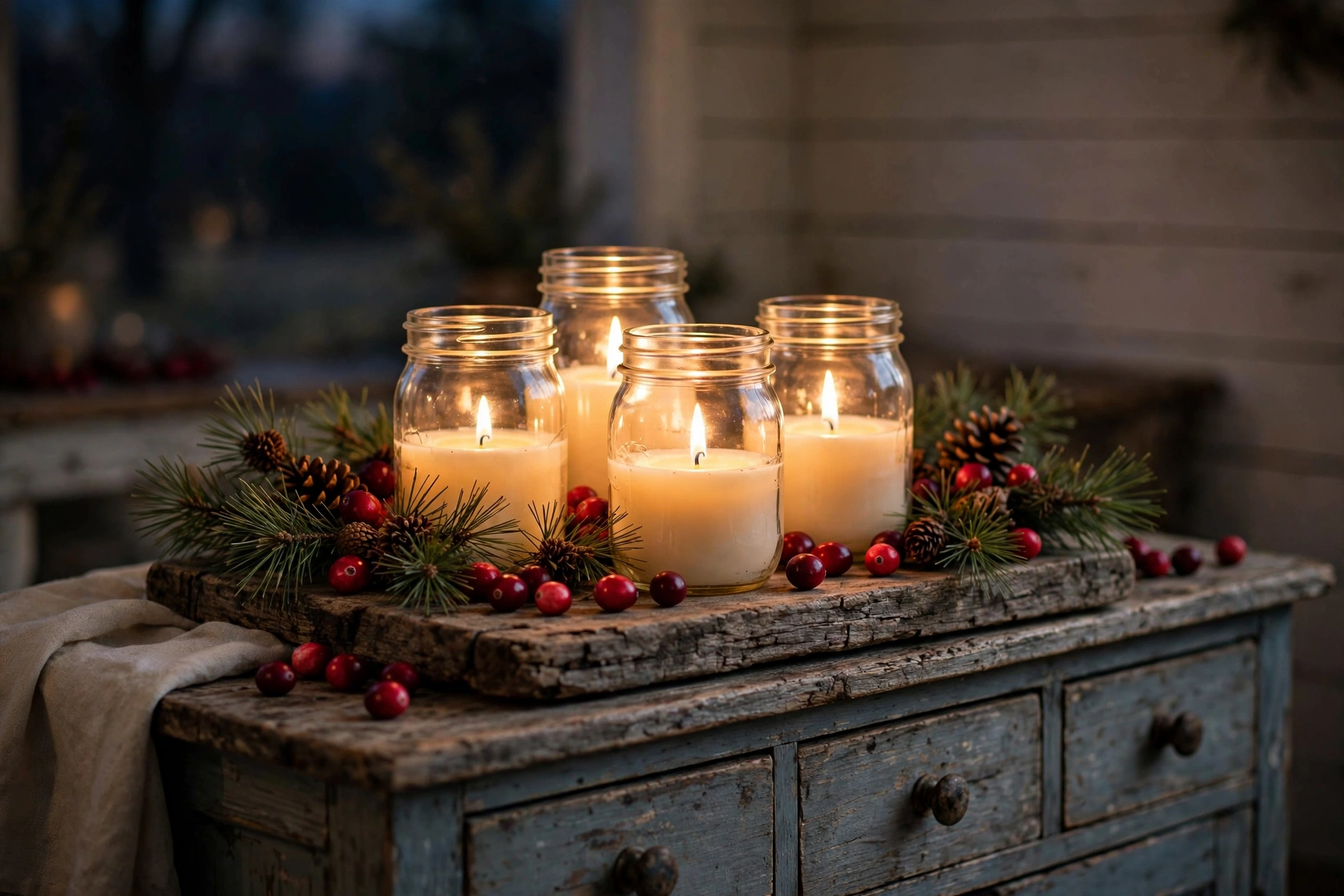 Mason jar candles glowing on a wooden tray with pinecones