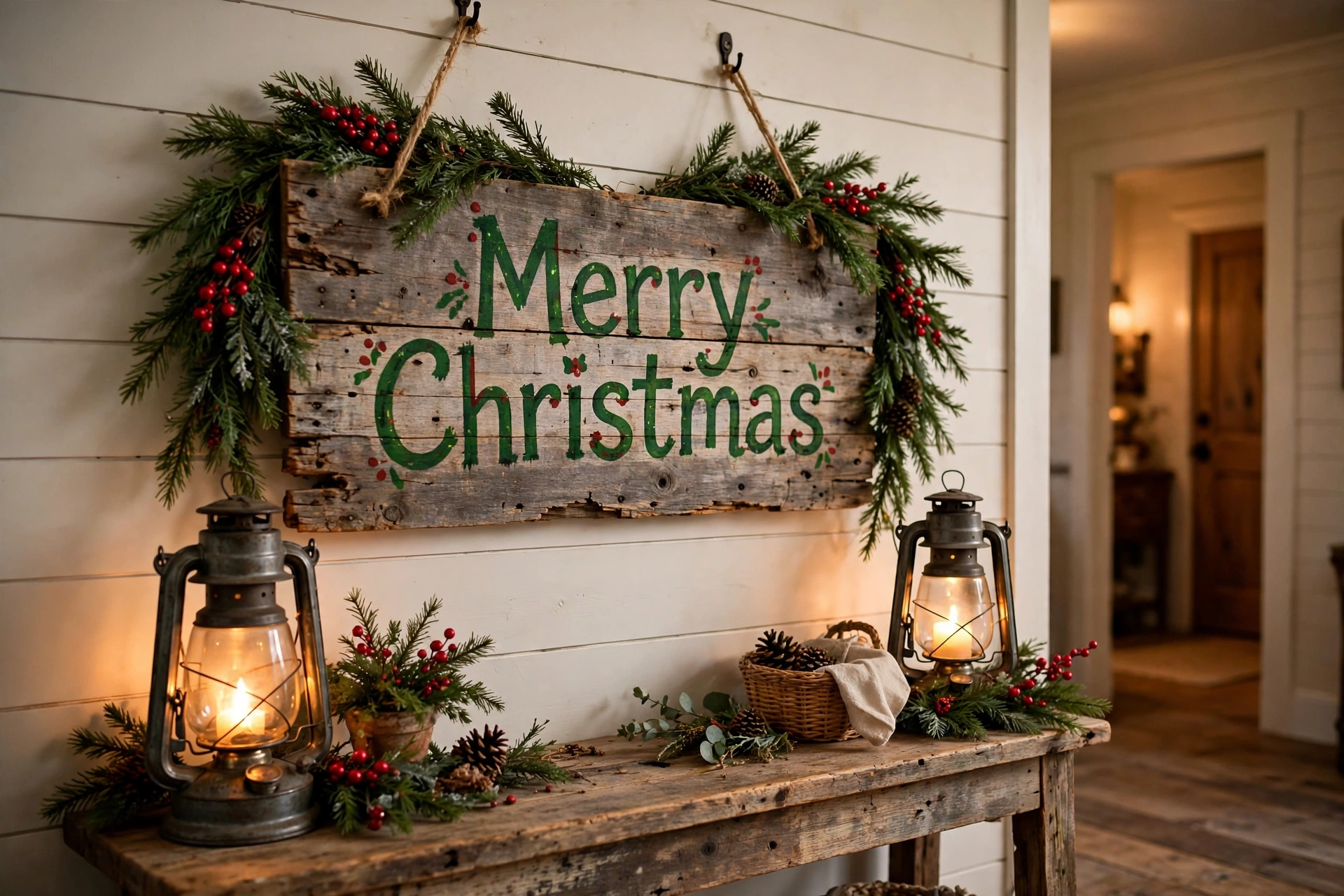 Reclaimed wood Merry Christmas sign above a mantel