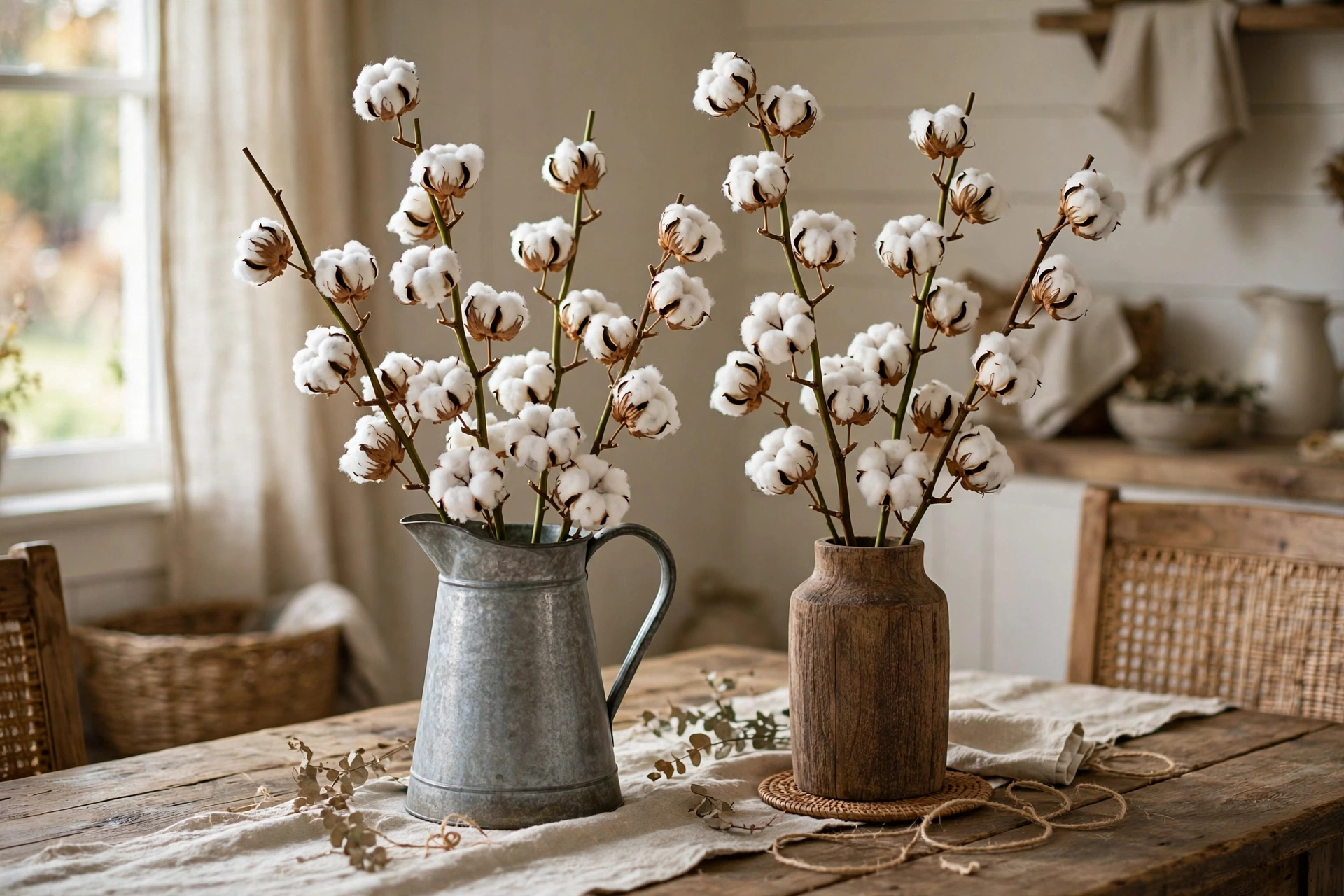Dried cotton stems arranged in a galvanized pitcher