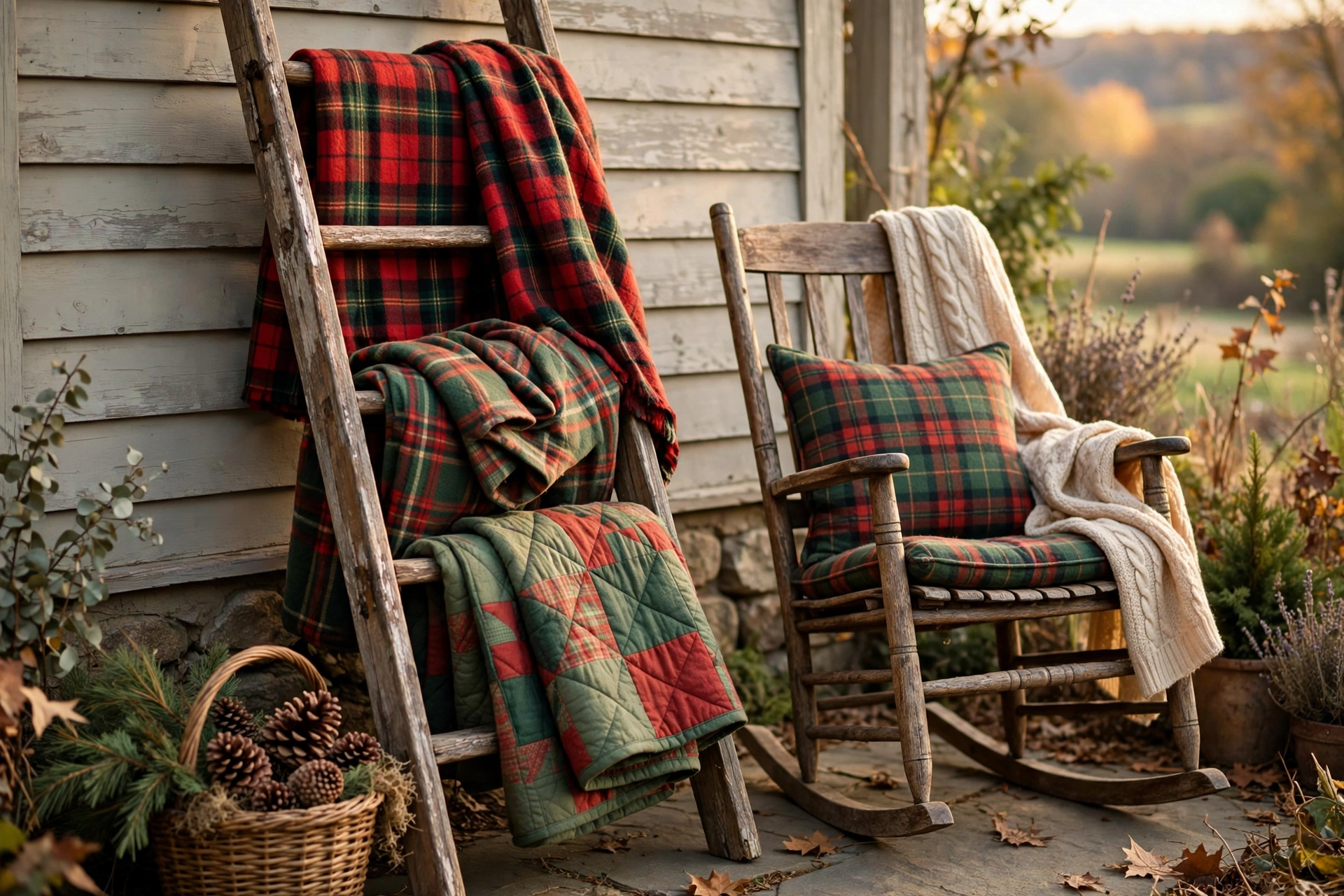 Wooden blanket ladder draped with plaid flannel throws