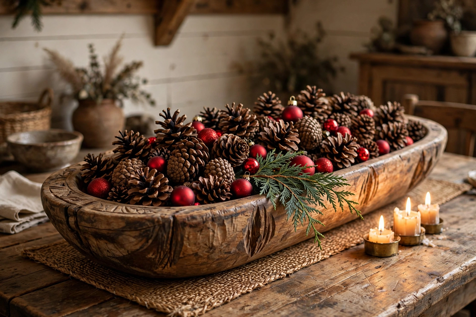 Wooden dough bowl filled with pinecones and red berries