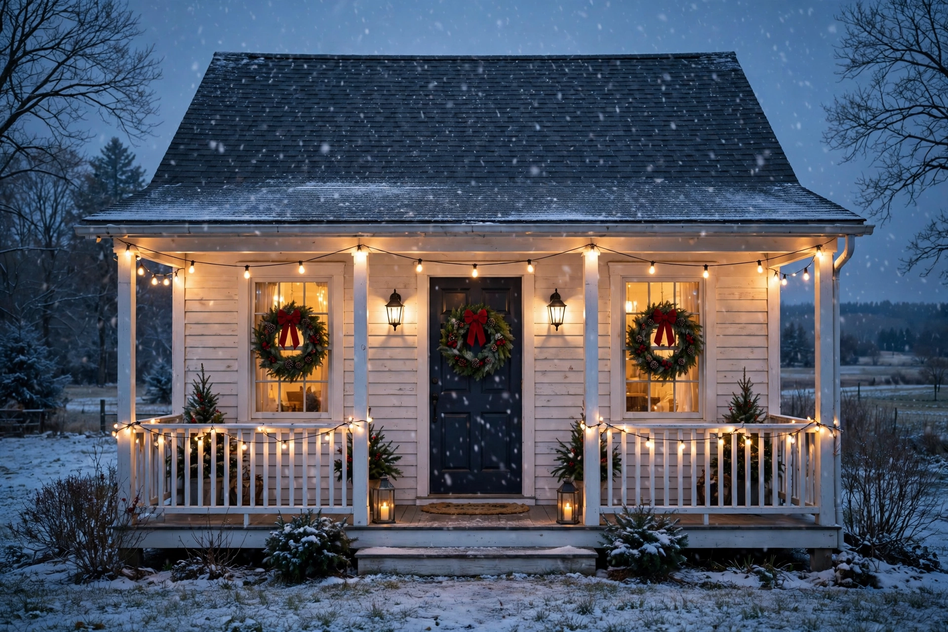 Greenery wreaths with red ribbon hanging on windows
