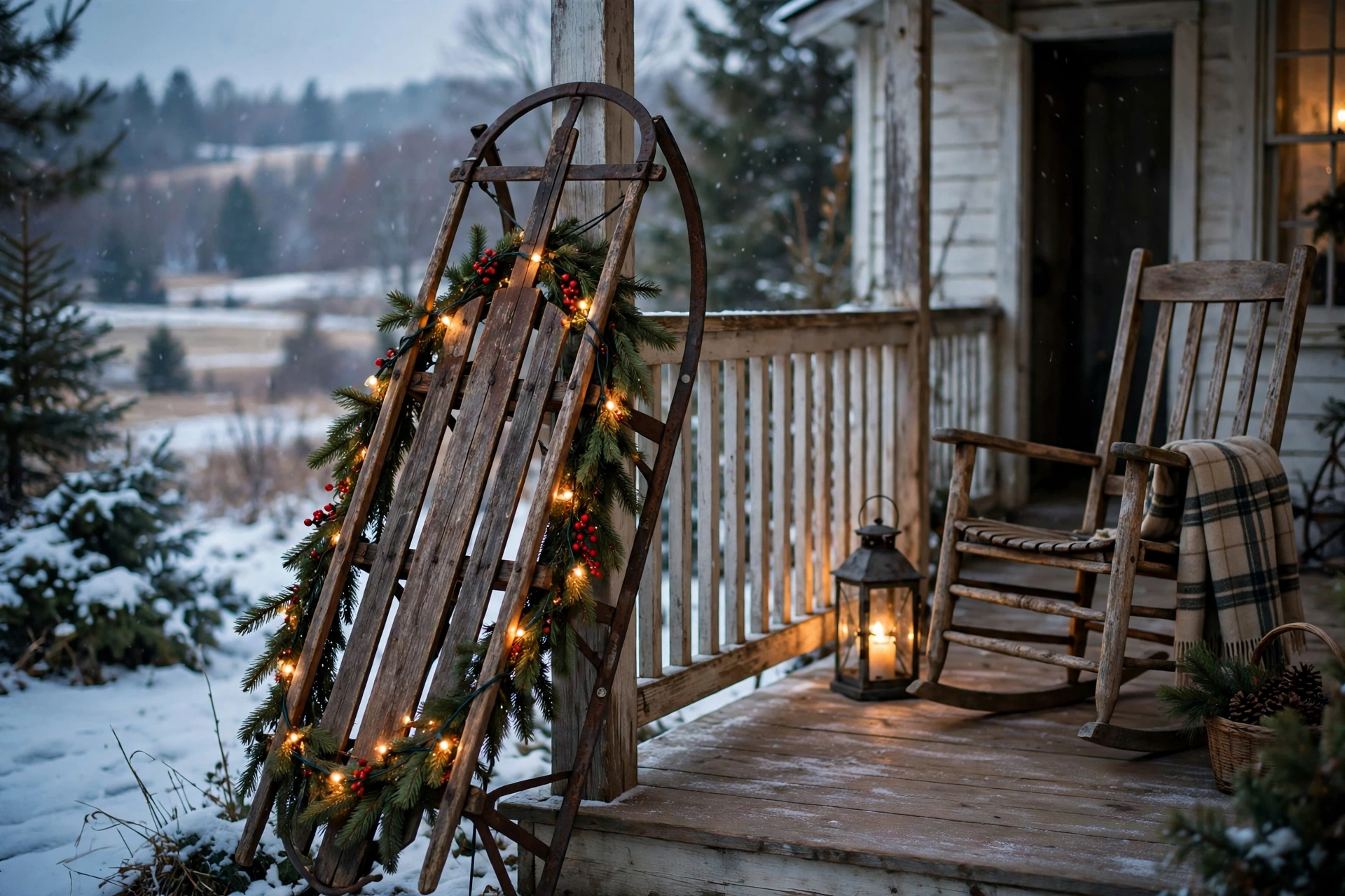 Vintage wooden sled with wreath and lantern on a porch