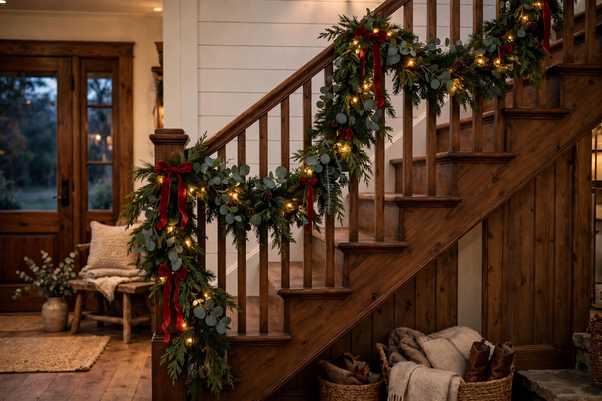 Pine and eucalyptus garland draped along a staircase railing