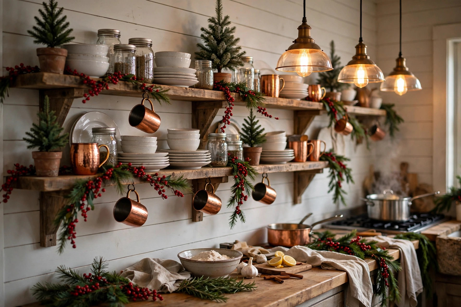Open kitchen shelves styled with bottle-brush trees and greenery