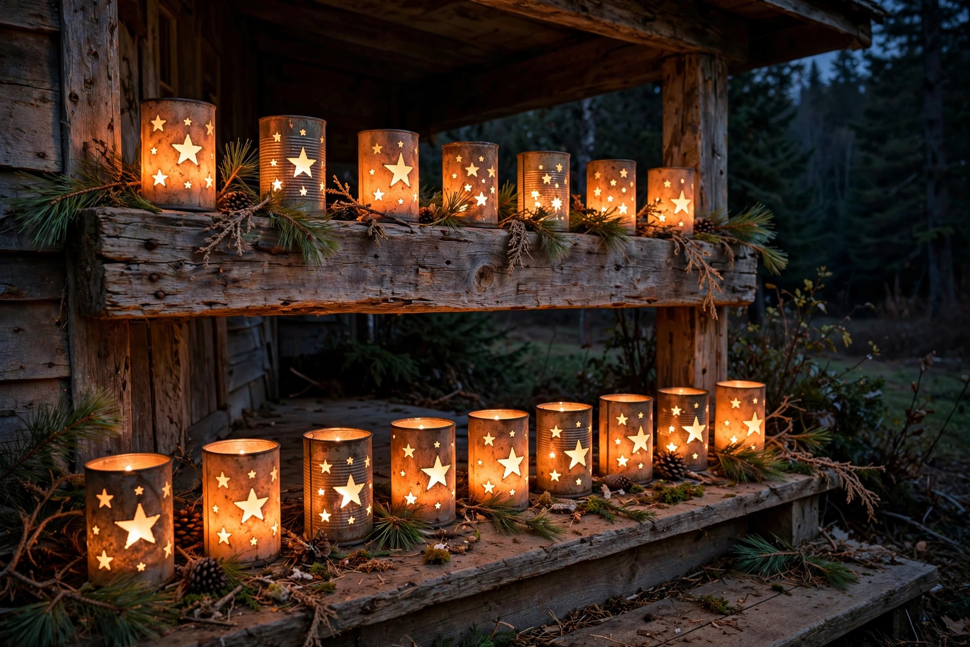 Punched tin can luminaries glowing with tea lights