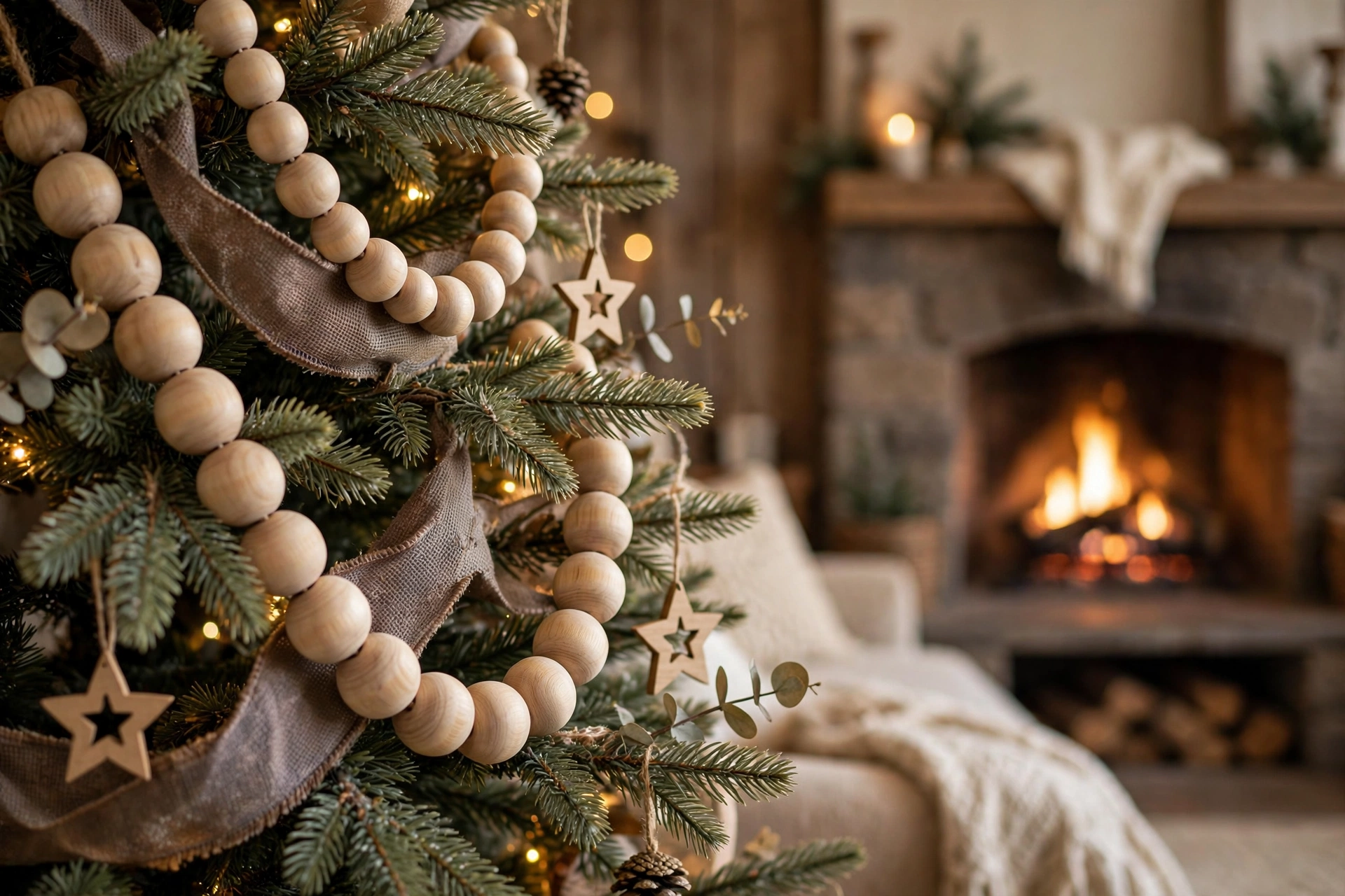 Wooden bead garland with red accents on a mantel