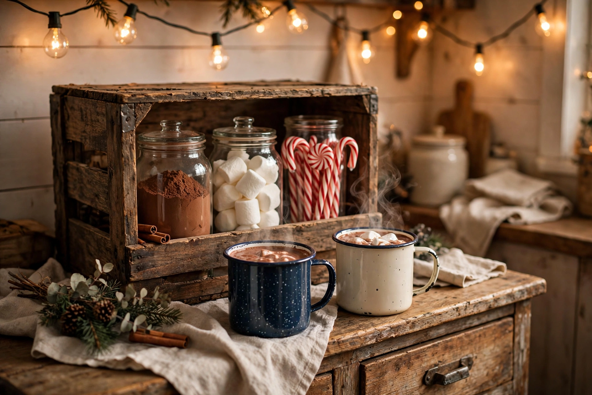 Hot cocoa station in a wooden crate with mason jars and mugs