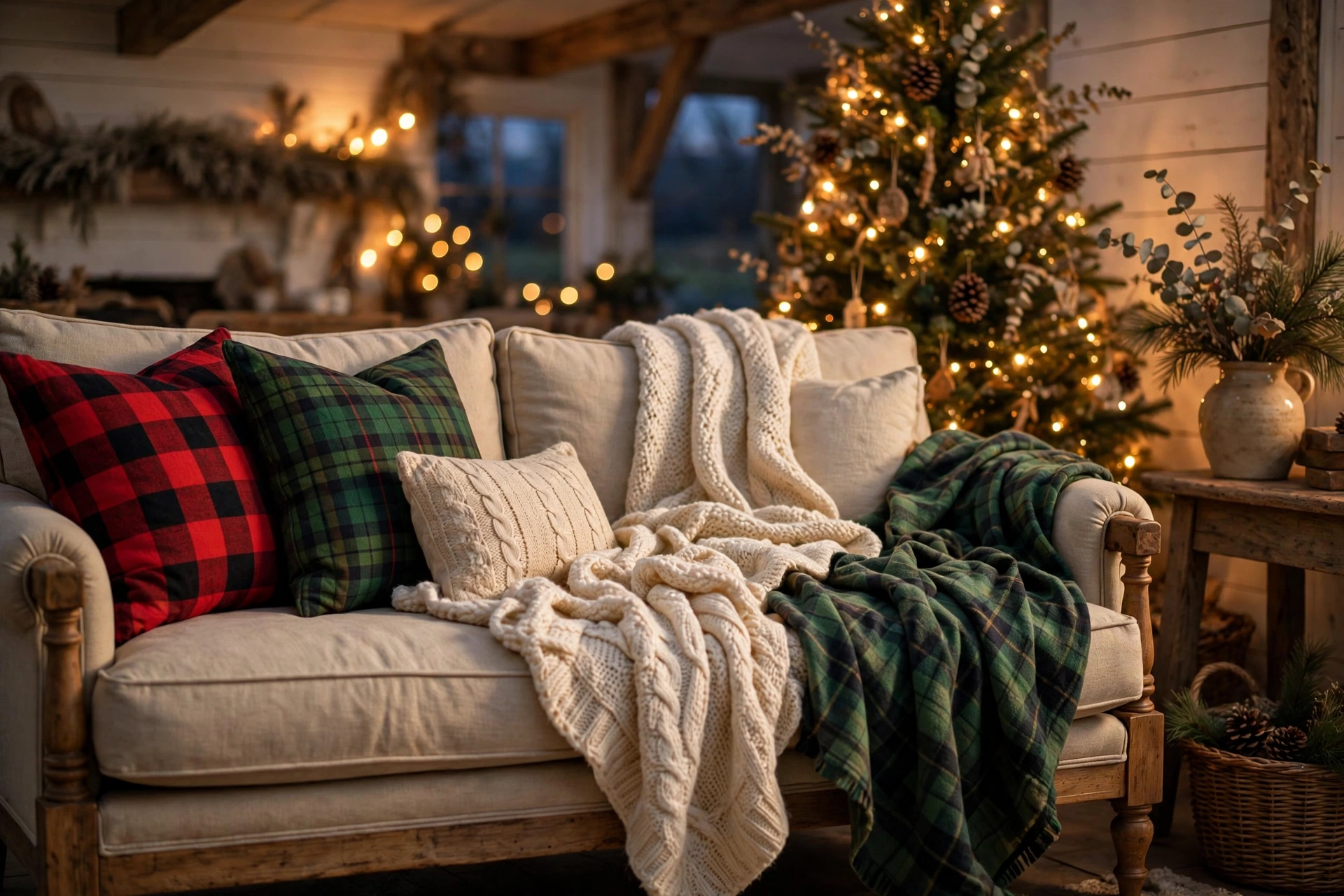 Buffalo plaid and cable-knit throw pillows on a sofa