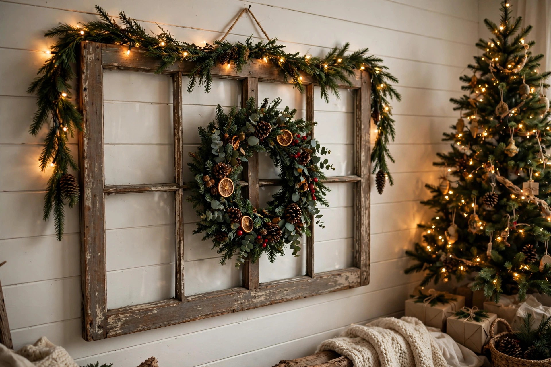 Salvaged window frame decorated with a wreath and greenery