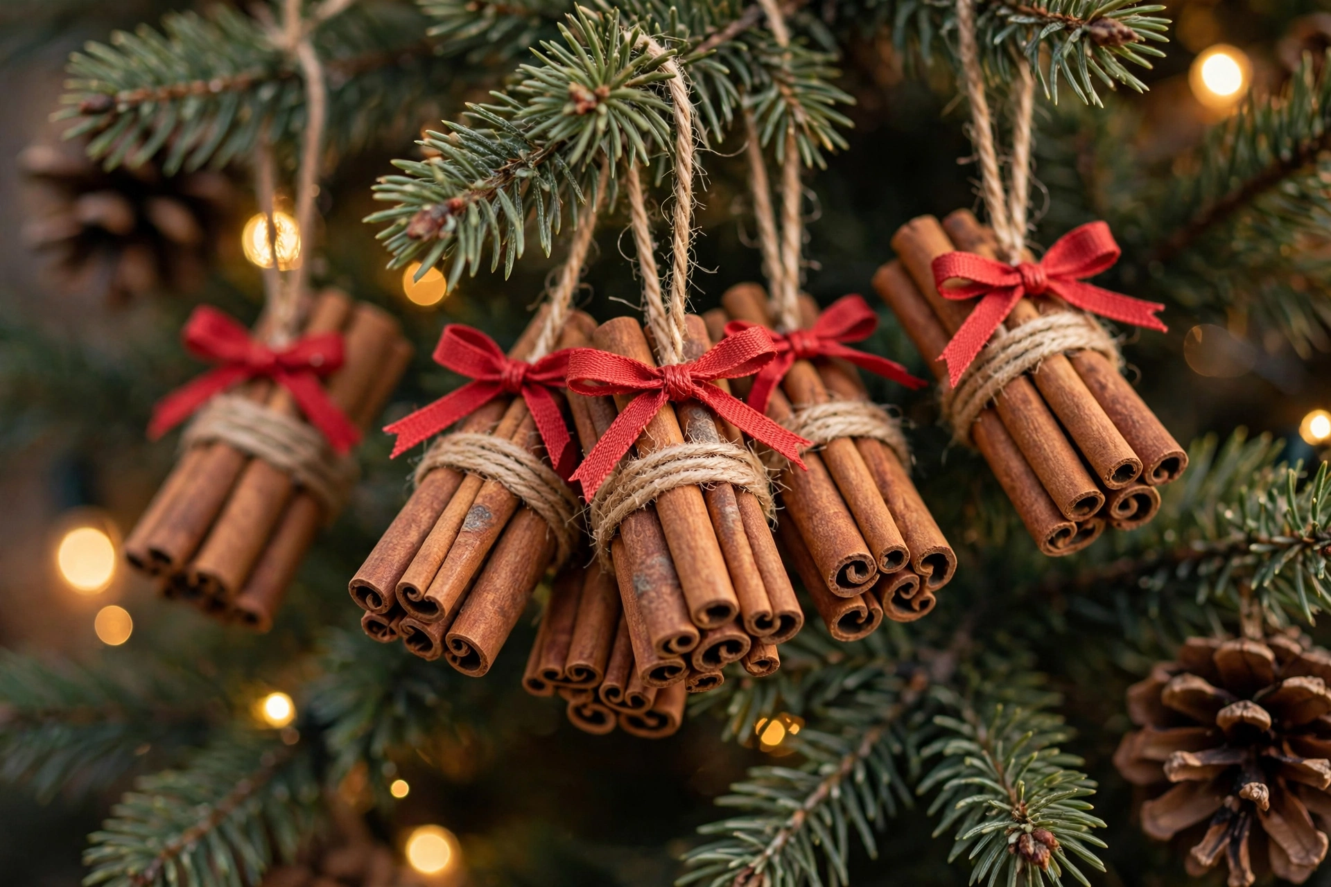 Cinnamon stick bundle ornaments tied with twine on a Christmas tree