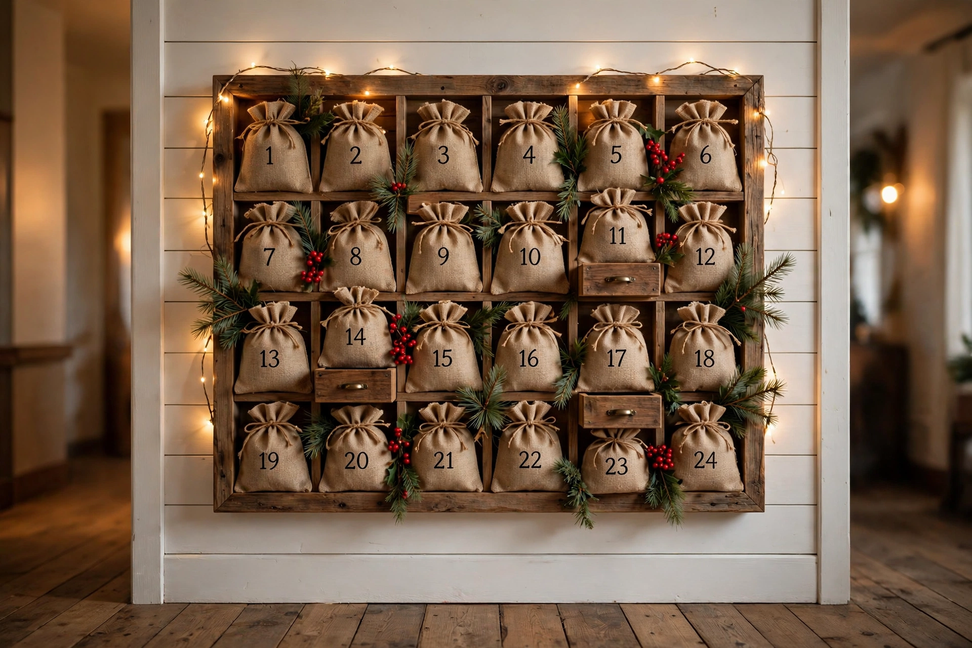 Burlap bag advent calendar hanging on a wooden dowel