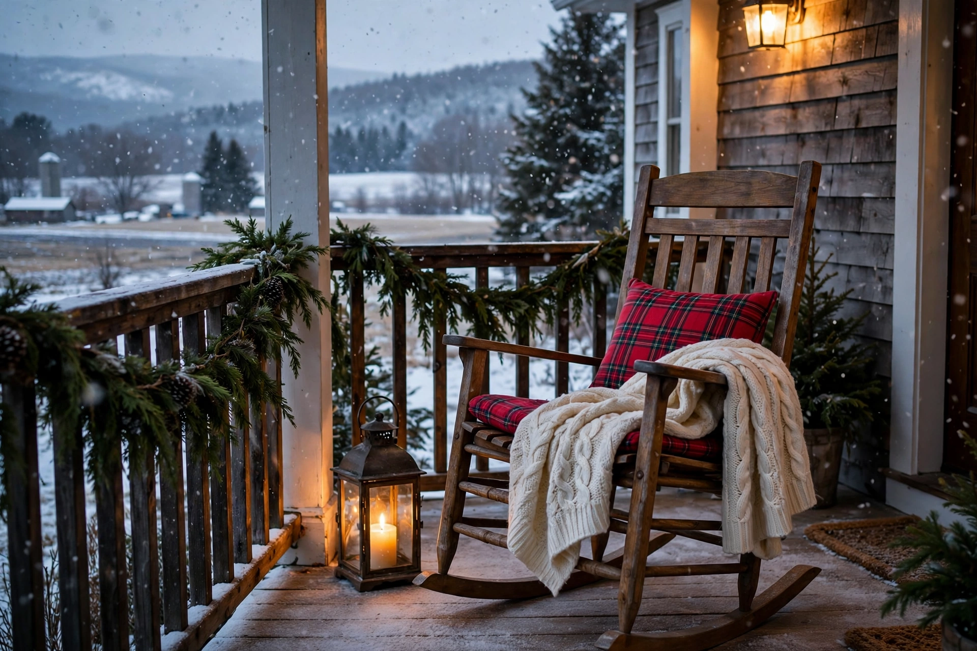 Porch rocking chair dressed with a plaid throw and lantern