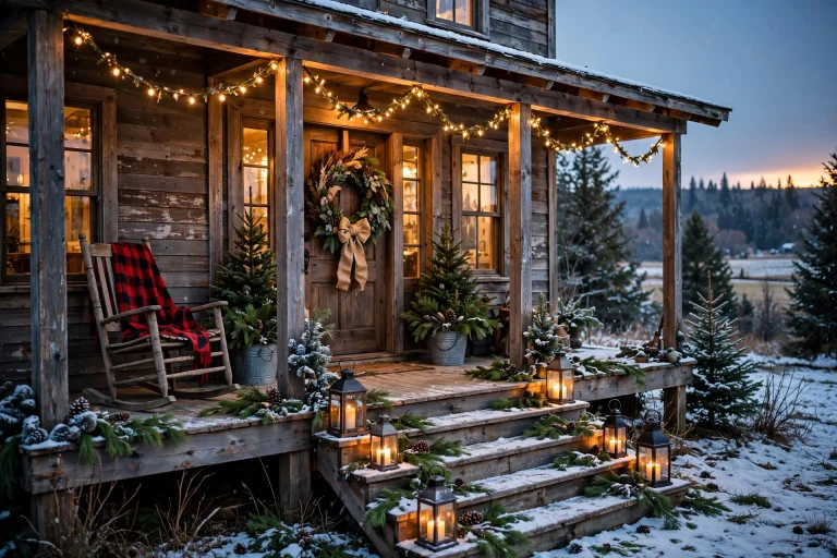 Farmhouse Christmas porch decorated with rocking chair, plaid throw, lanterns and wreath
