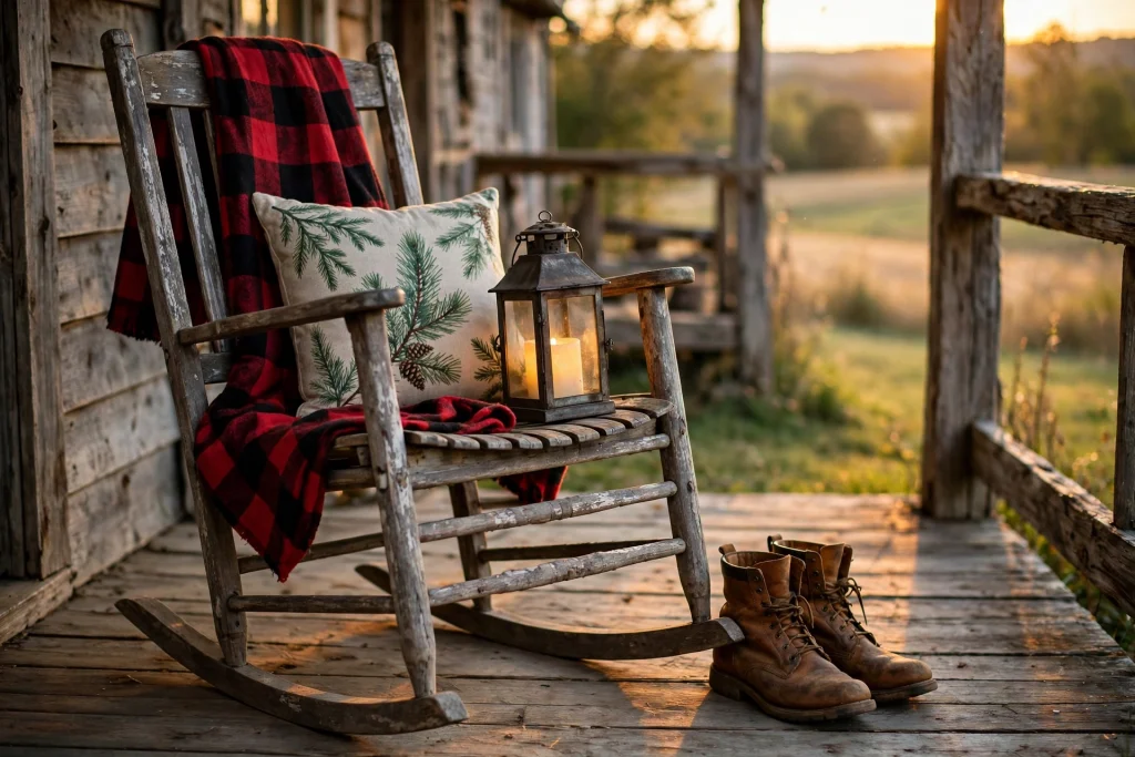 Wooden rocking chair with buffalo-plaid throw and lantern on a farmhouse Christmas porch