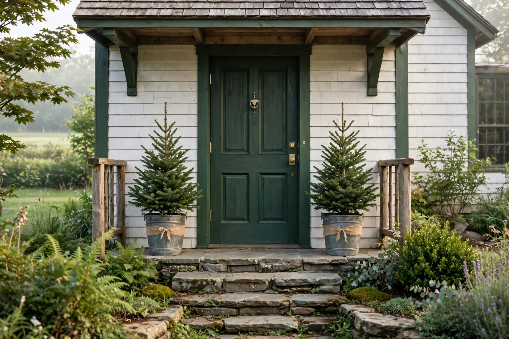 Two small evergreen trees in galvanized buckets flanking a front door