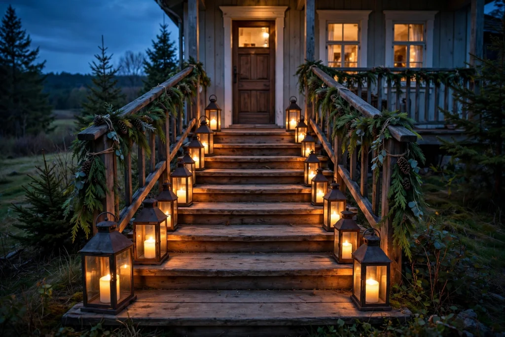 Porch steps lined with glowing lanterns holding candles