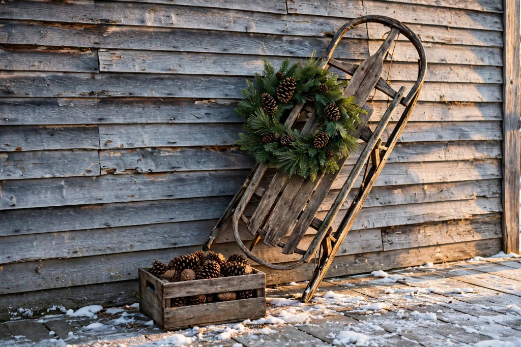 Vintage wooden sled leaning against a porch wall with a wreath