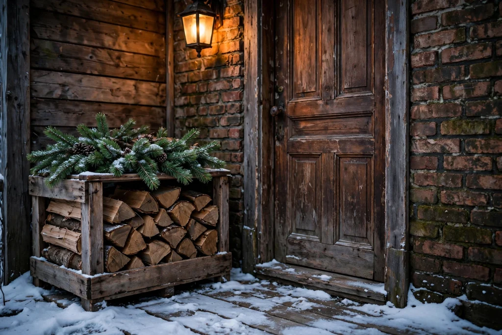 Neat stack of firewood in a wooden crate beside a front door
