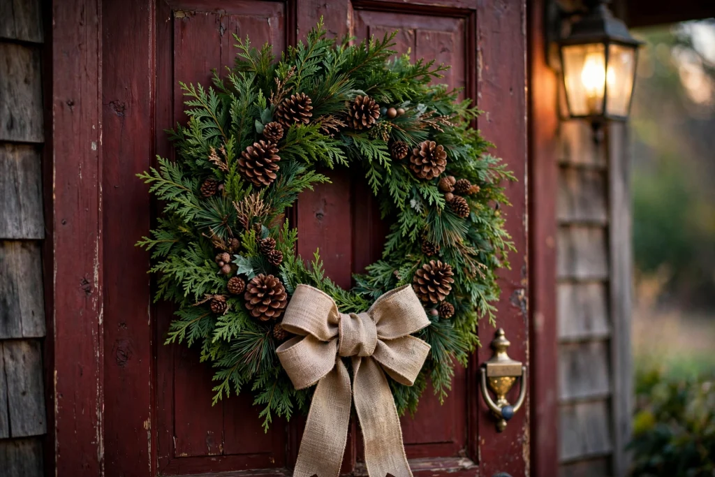 Oversized fresh wreath with wide burlap bow on a front door